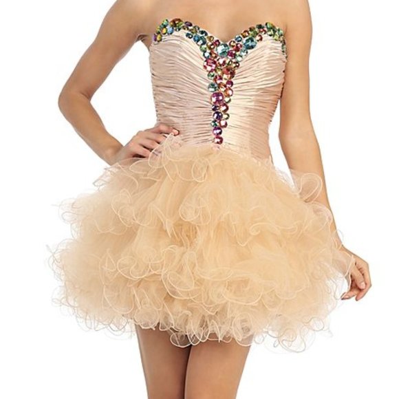 NWT May Queen | Champagne Rhinestone Ruffle Strapless Dress & Shawl - sz 10 - Picture 8 of 10